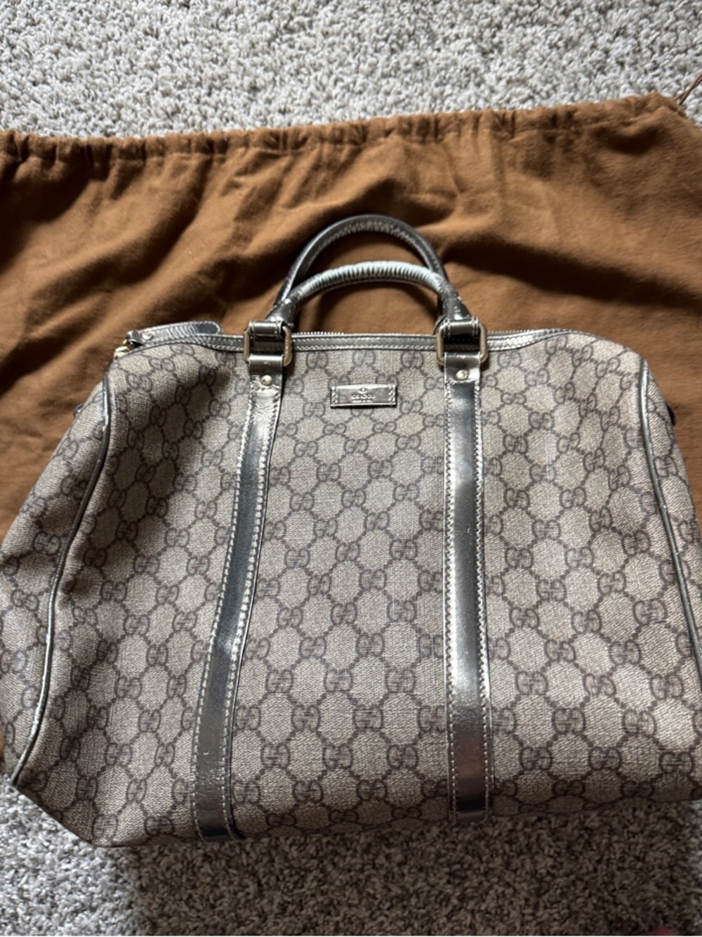 Gucci Joy Boston Bag GG Canvas Leather Trim Top Handle Satchel